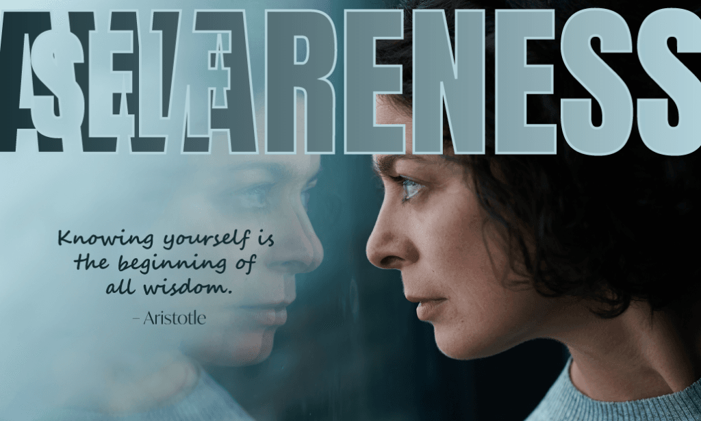 Woman reflecting on glass, quote by Aristotle "Knowing yourself is the beginning of all wisdom." â€“ Aristotle