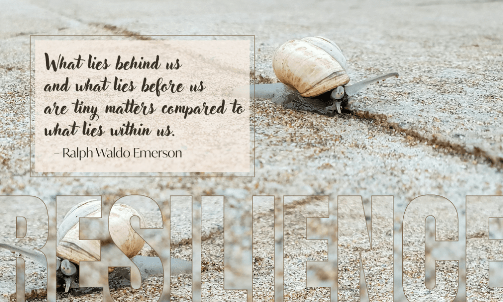 Snail on ground with Emerson resilience quote "What lies behind us and what lies before us are tiny matters compared to what lies within us." â€“ Ralph Waldo Emerson