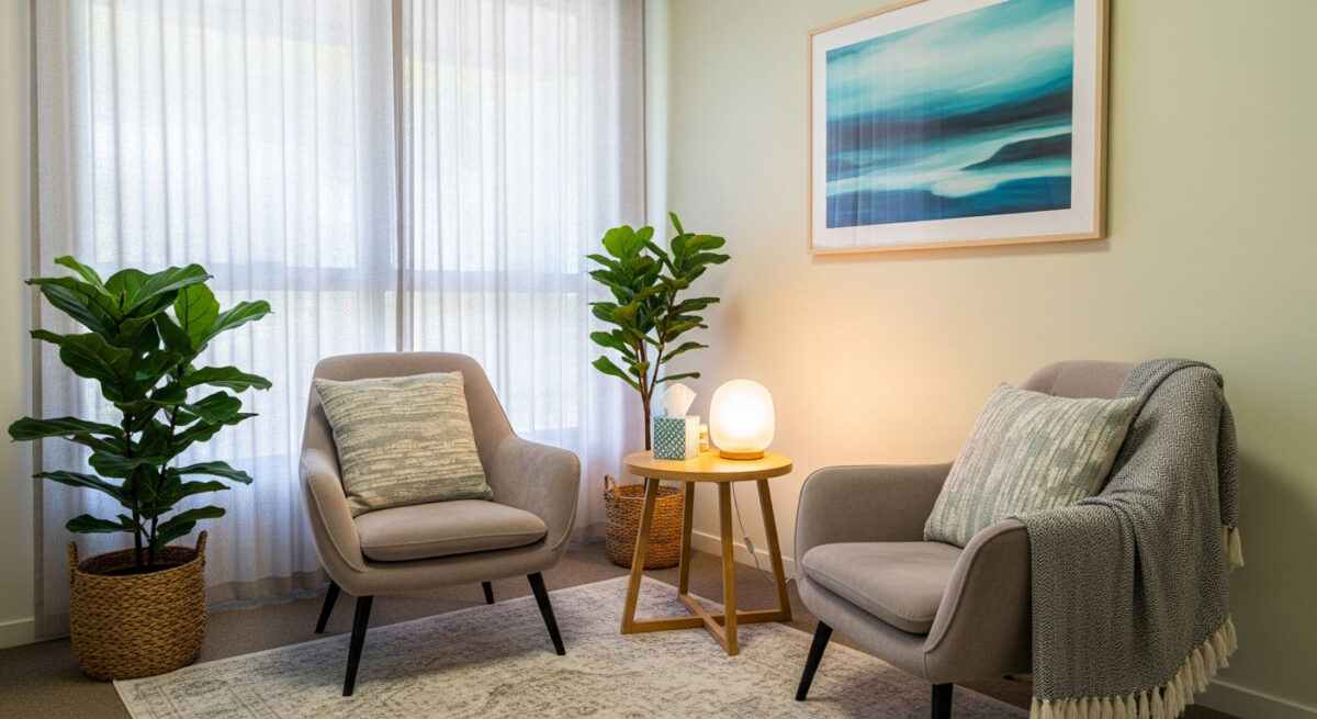 Cosy living room with armchairs and plants