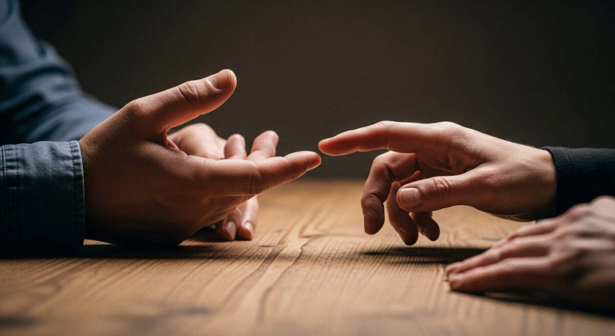 Hands reaching towards each other on wooden table.