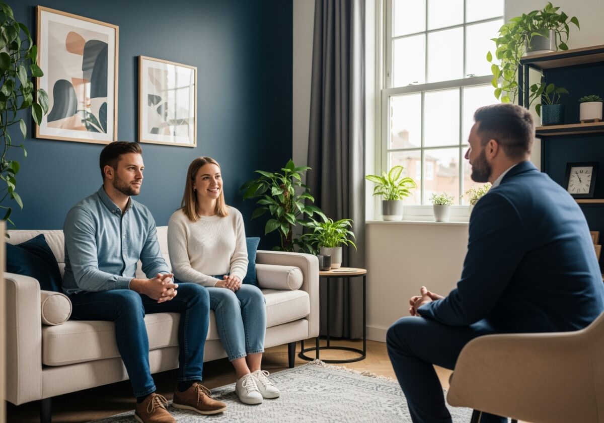 A warm, softly lit counselling room with a couple sitting on a comfortable couch, leaning slightly toward each other but not quite touching. A therapist sits across from them with a calm, attentive posture. The couple looks thoughtful but hopeful, conveying emotional distance turning into reconnection.