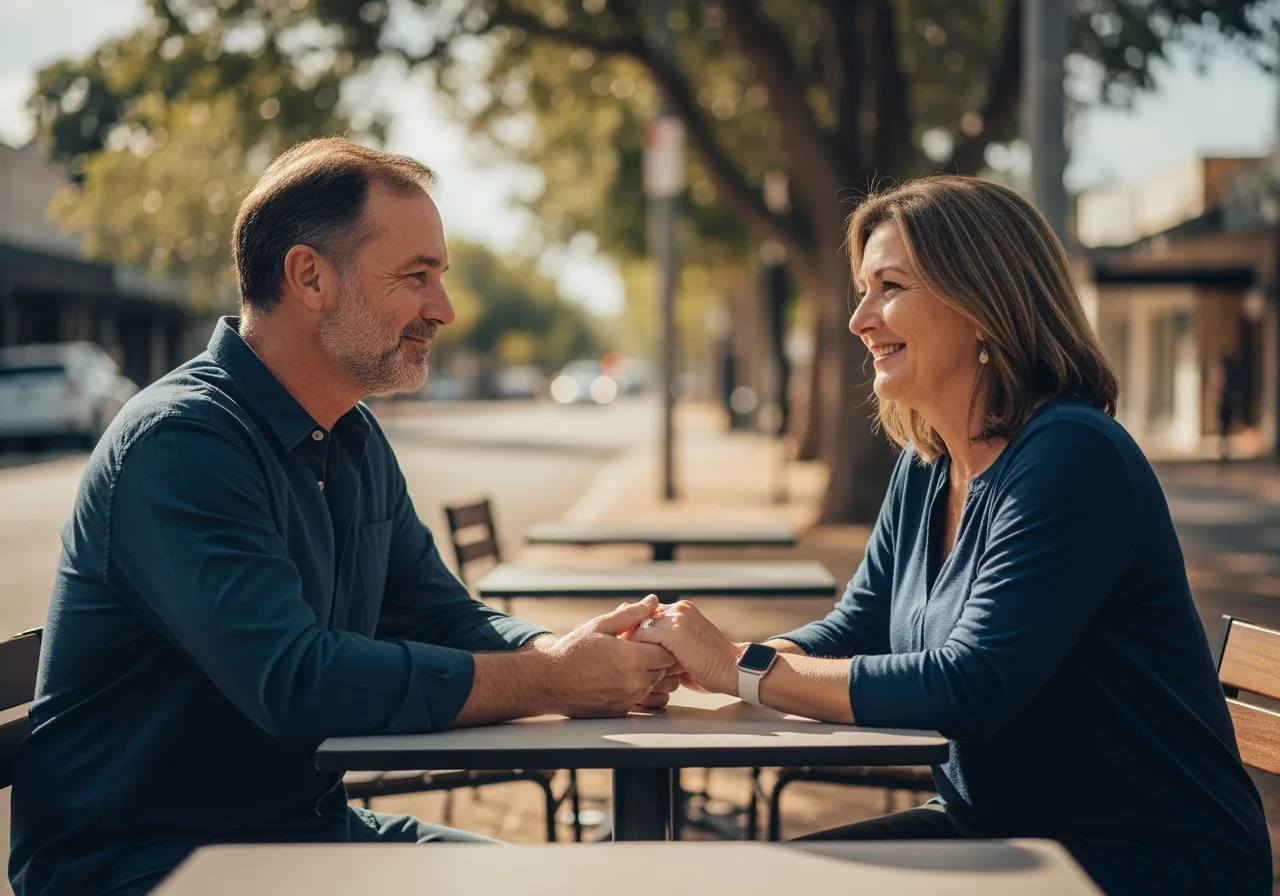 An intimate moment between a couple outside a café in Springfield, sitting close, smiling gently, hands touching in a quiet sense of reconnection.