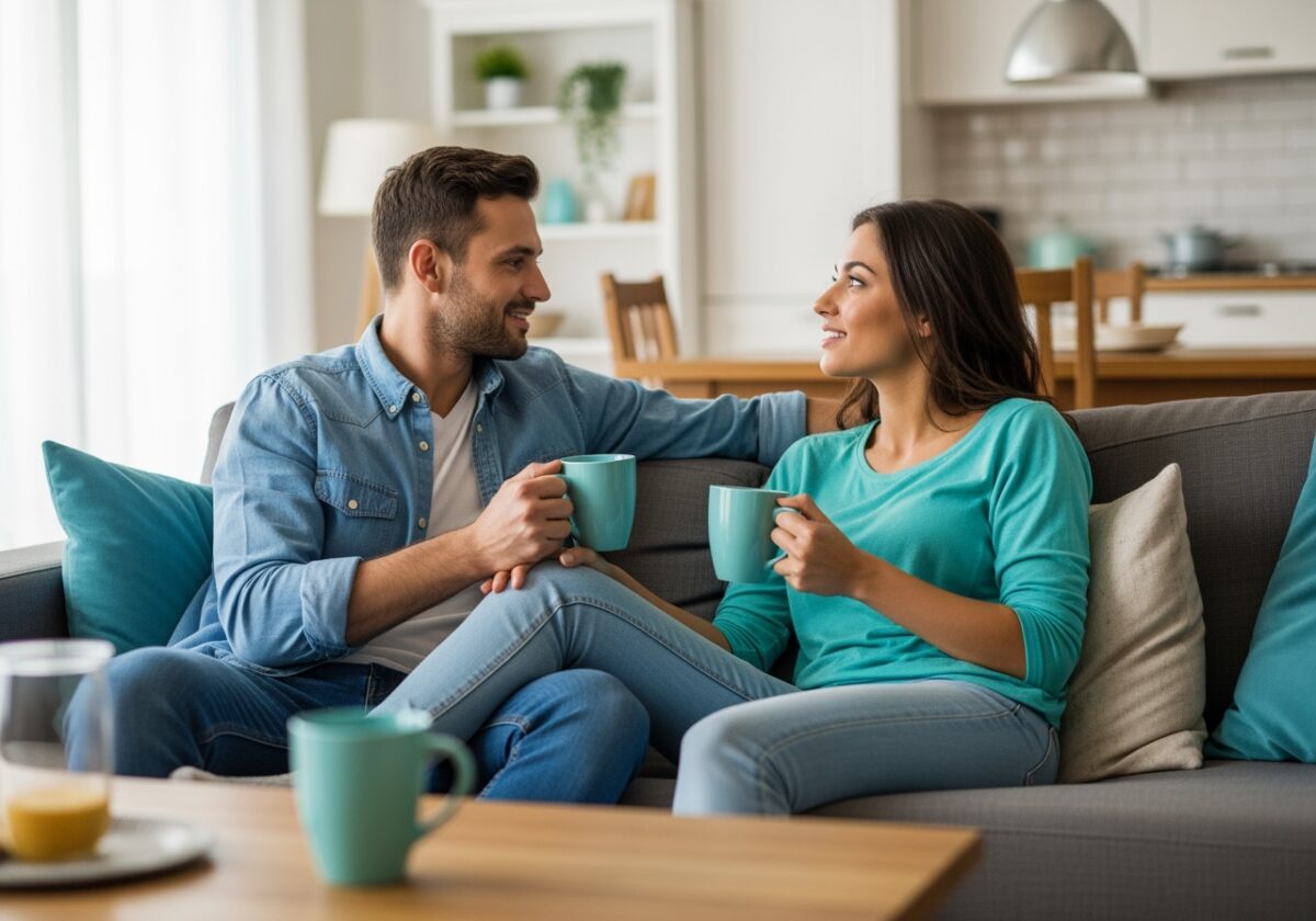 A couple sitting together on their living room couch in a comfortable, slightly messy home. They’re mid-conversation, facing each other with soft expressions. The moment feels calm and real, showing connection in daily life.