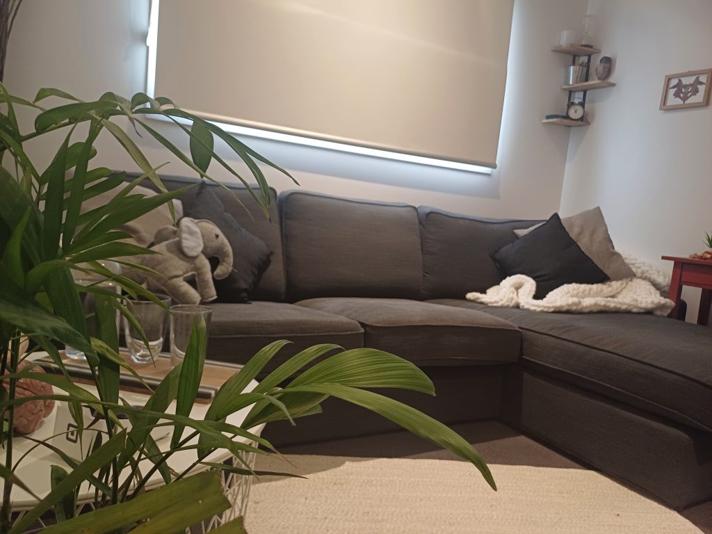 Cosy living room with sofa, plant, and soft lighting.