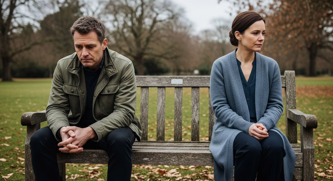 Couple sitting apart on park bench, looking distressed.