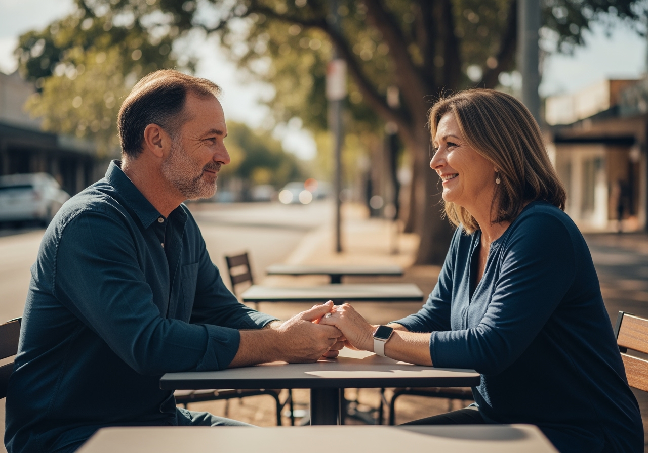 An intimate moment between a couple outside a café in Springfield, sitting close, smiling gently, hands touching in a quiet sense of reconnection.