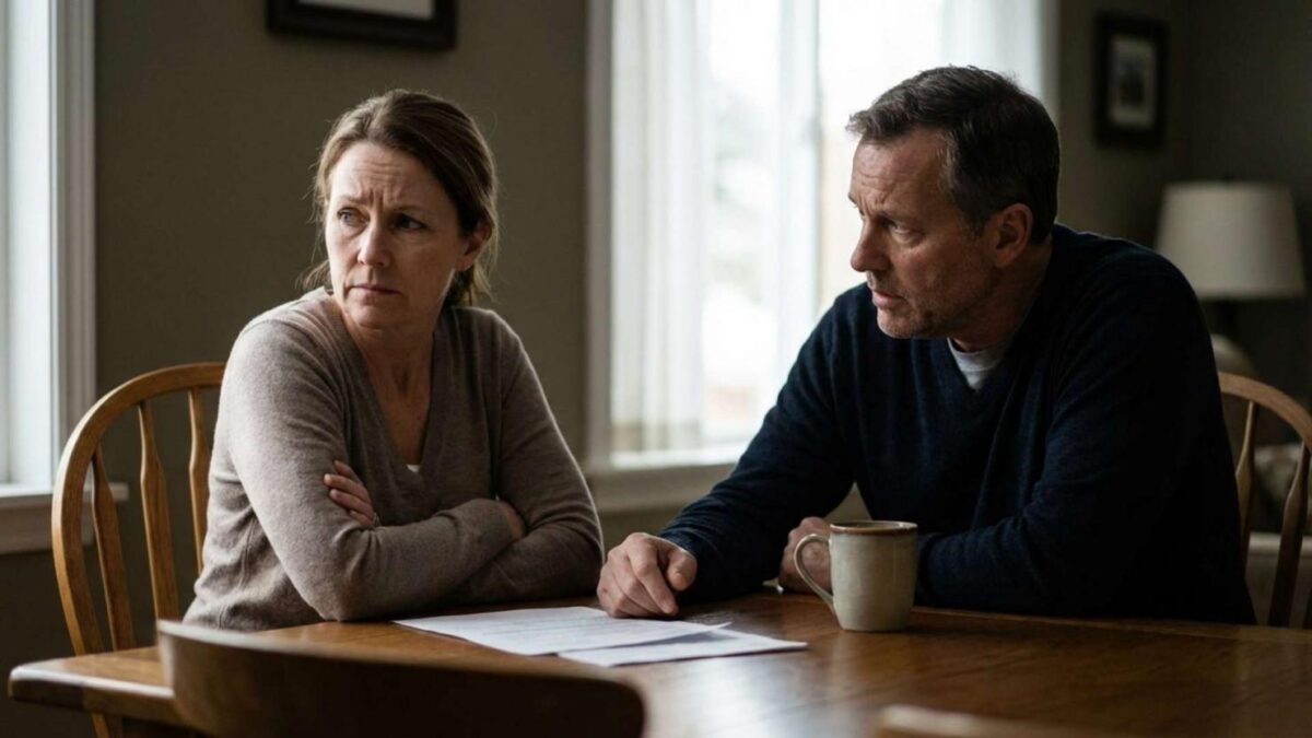 Couple sitting, looking concerned at table