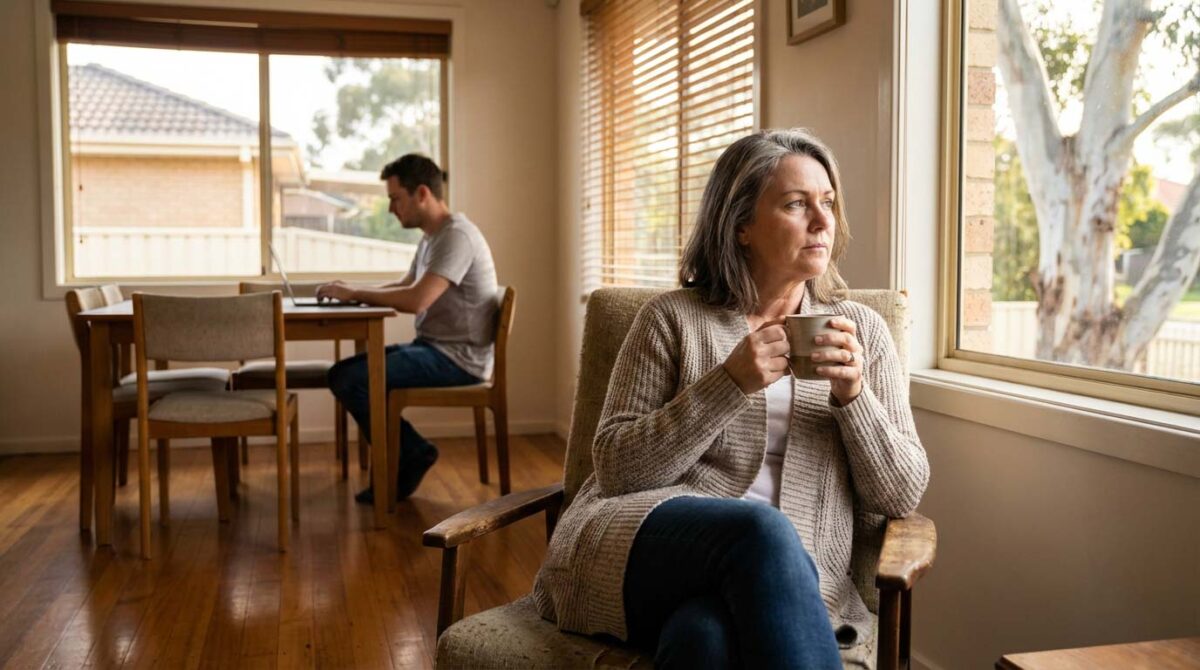Middle-aged woman looking out a window thoughtfully while her adult son works on a laptop at the dining table behind her.