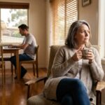 Middle-aged woman looking out a window thoughtfully while her adult son works on a laptop at the dining table behind her.