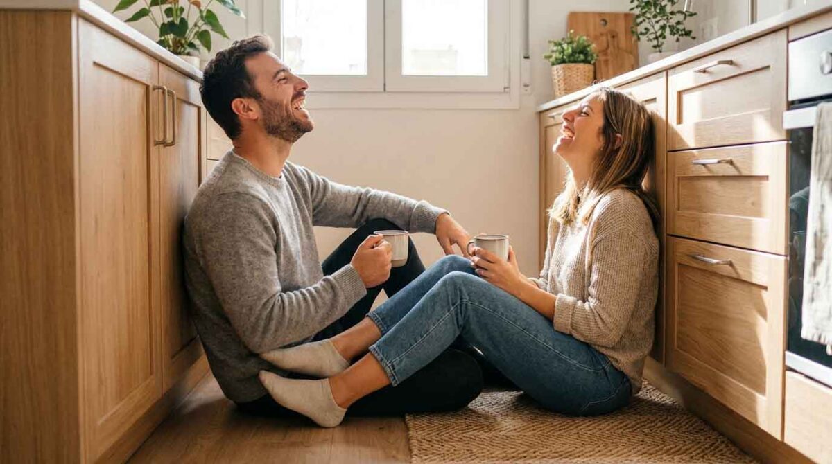 Couple laughing on kitchen floor with coffee.