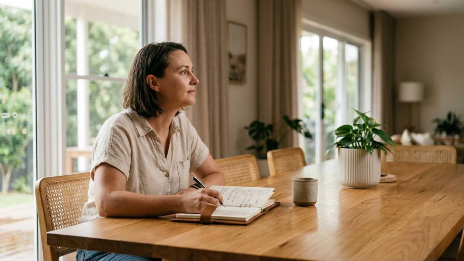 Woman writing in journal at wooden table.