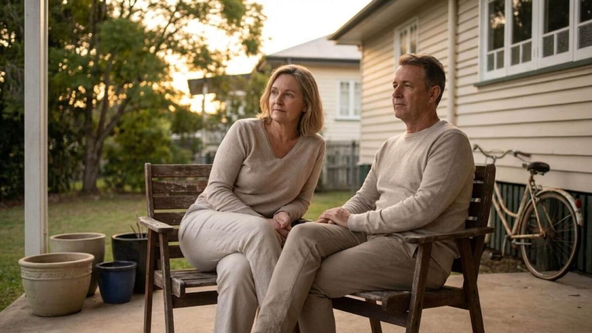 Couple sitting on bench in backyard at sunset.