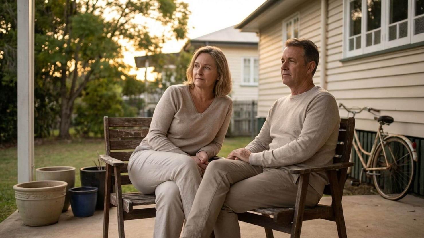 Couple sitting on bench in backyard at sunset.